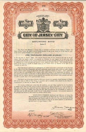 City of Jersey City signed by Frank Hague - $1,000 - Bond